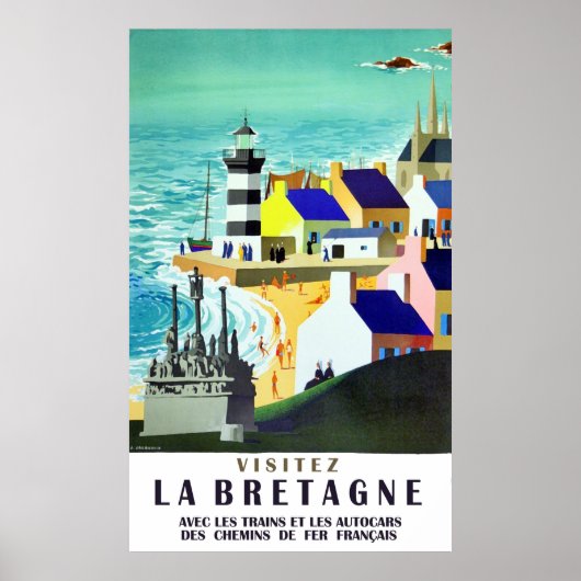 Poster Maisons et phare sur la côte bretonne, France (Devant)