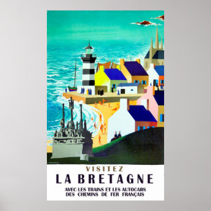Poster Maisons et phare sur la côte de Bretagne, France