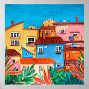 Poster Maisons italiennes. Gouache tirée à la main