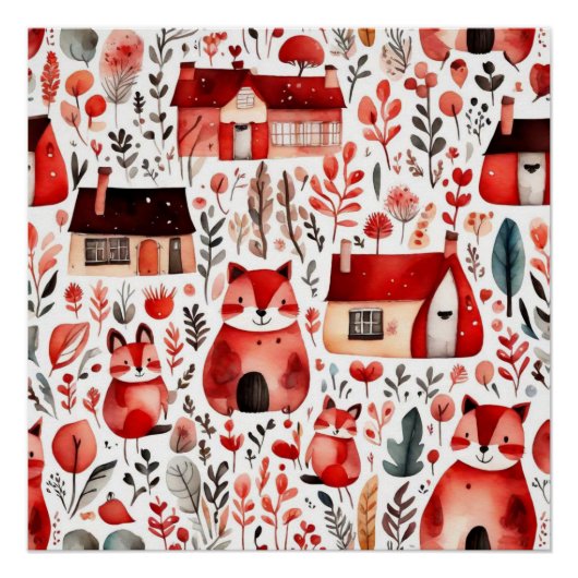 Poster Maisons rouges et feuille de papier mignon (Devant)