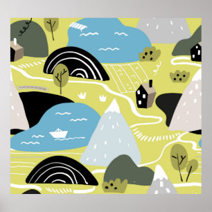 Poster Maisons scandinaves, arbres, montagnes motif.