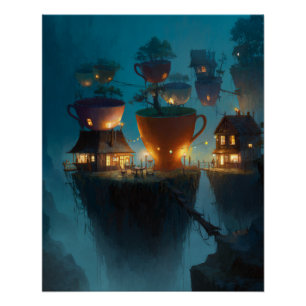 Poster Maisons Tasses à Thé Lumineuses dans un Rêve Brume