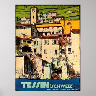 Poster Maisons tessinoises devant le port de la ville,Sui