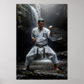 Poster Maître de karaté exécutant un kata sous une cascad (Devant)