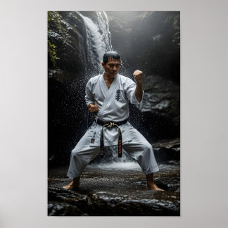 Poster Maître de karaté exécutant un kata sous une cascad