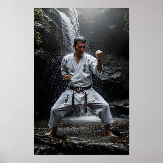 Poster Maître de karaté exécutant un kata sous une cascad (Devant)