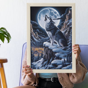 Poster Majesté de Lune : Loup au sommet de la montagne