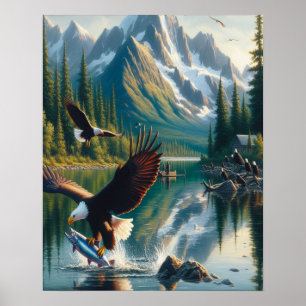 Poster Majestic Eagle Capturer le poisson au lever du sol