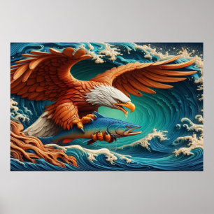 Poster Majestic Eagle Fishing dans une vague 36x24