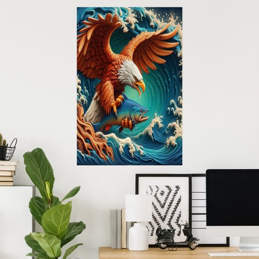 Poster Majestic Eagle Fishing en vague 24x36 (Bureau à domicile)
