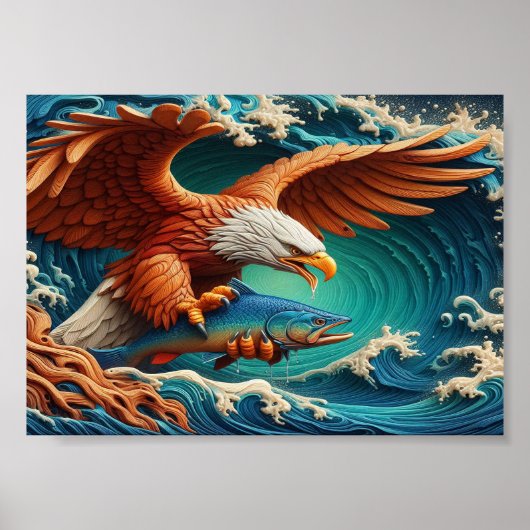 Poster Majestic Eagle Fishing en vague 5x7 (Devant)