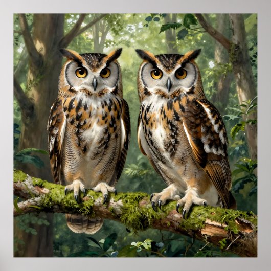 Poster Majestic Eagle Owls Forest Perch (Devant)
