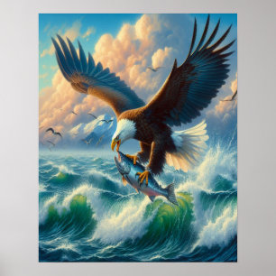 Poster Majestic Eagle Swooping Down to Catch Fish 16x20