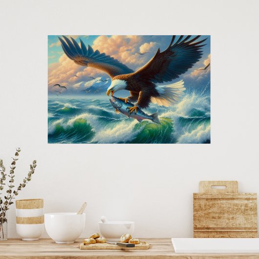 Poster Majestic Eagle Swooping Down to Catch Fish 20x16 (Cuisine)
