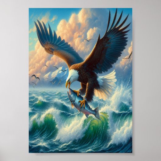 Poster Majestic Eagle Swooping Down to Catch Fish 5"x7" (Devant)