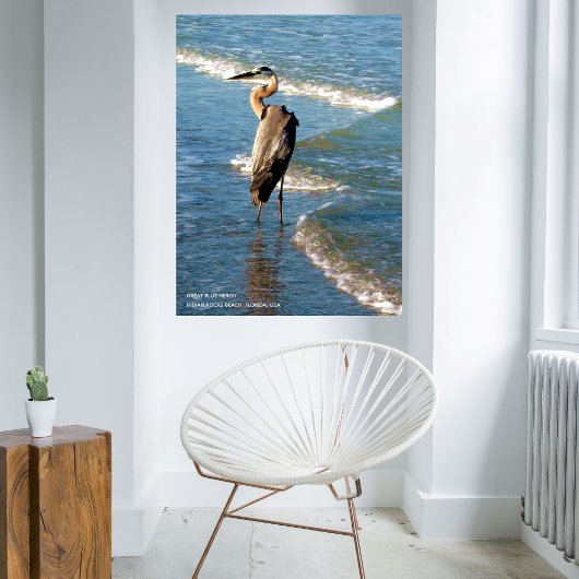 Poster Majestic Heron Bird Beach Blue Waves