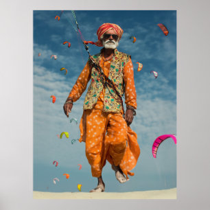 Poster Majestic indienne Elder Kite Flying on the Beach