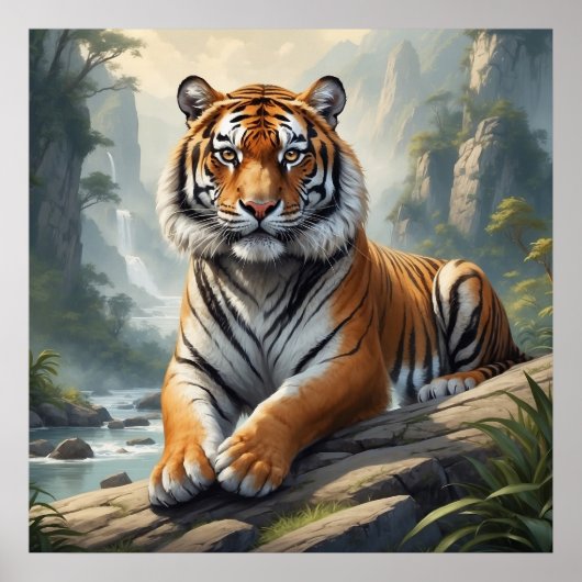 Poster Majestic Tiger assis dans la rivière Faune (Devant)