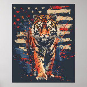 Poster Majestic Tiger debout fièrement par le drapeau amé