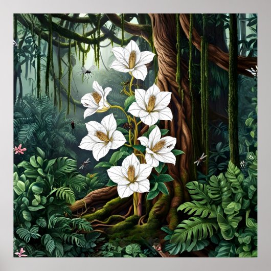 Poster Majestic White Lily in Enchanted Jungle Art (Devant)