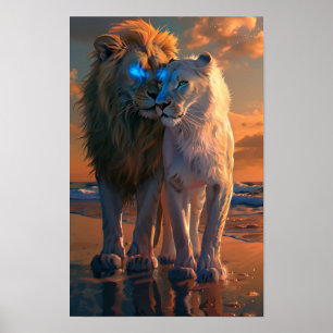 Poster Majestic White Lion with Blue Eyes