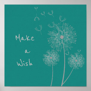 Poster Make a wish quote Dandelion flower on teal art