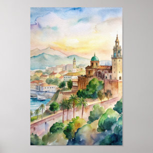 Poster Malaga Espagne Cityscape peinture aquarelle