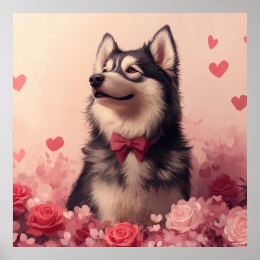 Poster Malamute d'Alaska avec des roses - Saint-Valentin (Devant)