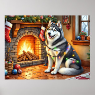 Poster Malamute d'Alaska cheminée avec lumières de Noël