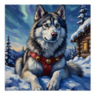 Poster Malamute d'Alaska Pôle Nord Noël d'hiver