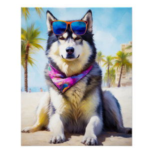 Poster Malamute d'Alaska sur la plage, cadeau d'été