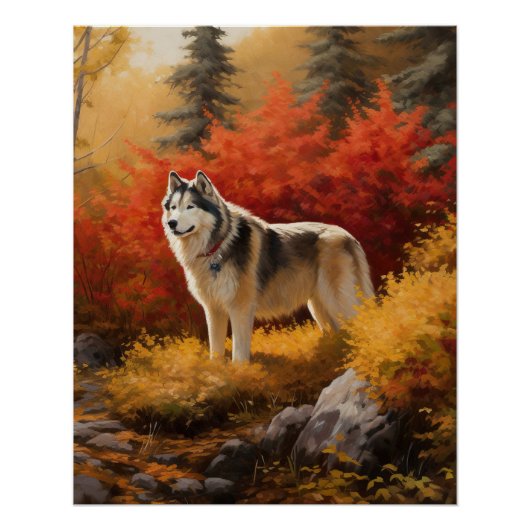 Poster Malamute en Alaska à l'automne Feuilles automne in (Devant)