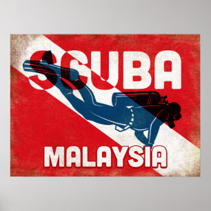 Poster Malaysie Scuba Diver - Blue Retro