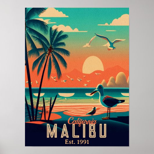 Poster Malibu California Retro Sunset Souvenirs 1950 (Devant)