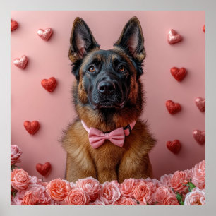 Poster Malinois belge avec Rose - Saint Valentin