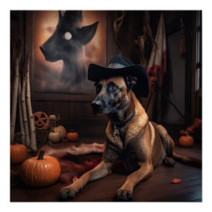 Poster Malinois Belge Citrouilles Halloween Épouvantable