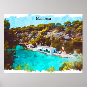 Poster Mallorca Espagne Vue panoramique à l'aquarelle Pay