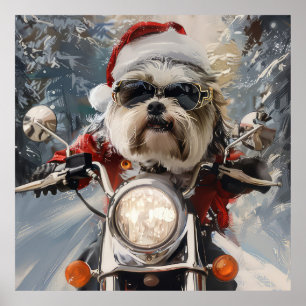 Poster Malti Tzu Chien équitation Moto Noël