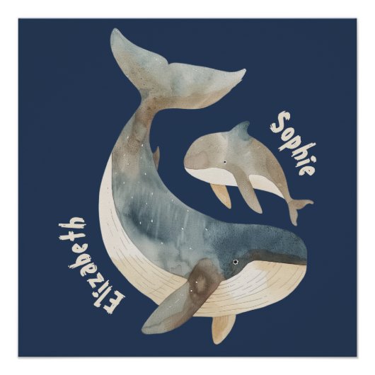 Poster Mama Whale Navy Blue Monogramme Nom Fête des Mères (Devant)