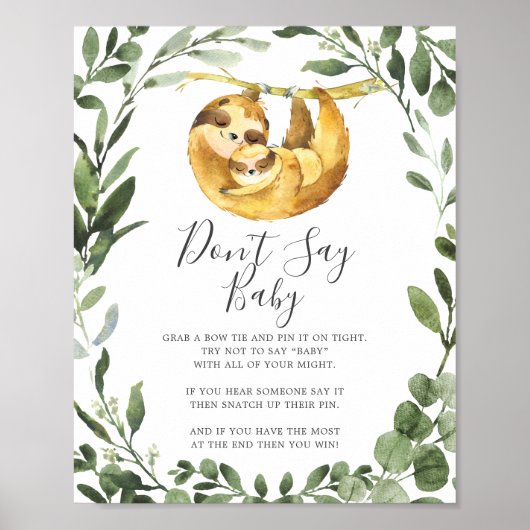 Poster Maman Baby Sloth Baby shower Ne pas dire bébé SIGN (Devant)