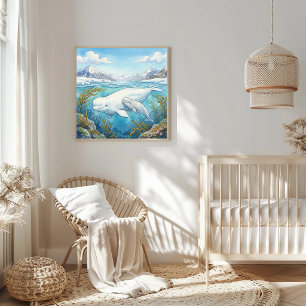 Poster Maman baleine béluga et crèche des baleineaux