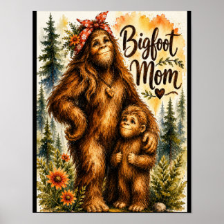Poster Maman Bigfoot Aquarelle Forêt Sasquatch Maman Pour