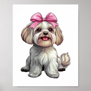 Poster Maman Chien Mastiff Fille Rose Ruban Coquette