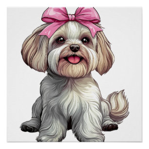 Poster Maman de chien havanais à nœud coquette fille rose