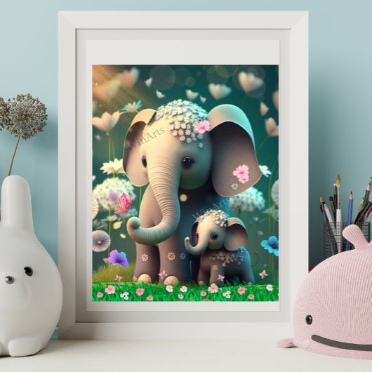 Poster Maman éléphant et bébé éléphant mignons dans un ja