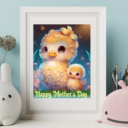 Poster Maman et bébé canard mignons dans le jardin, illus