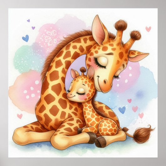Poster Maman et bébé girafe (Devant)