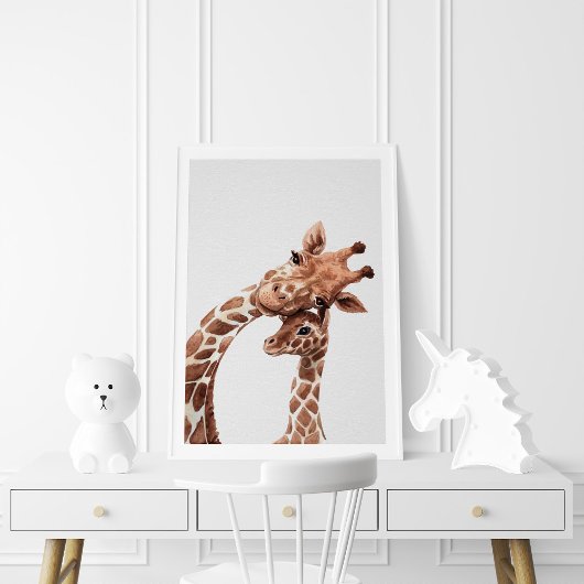 Poster Maman et bébé girafe, aquarelle
