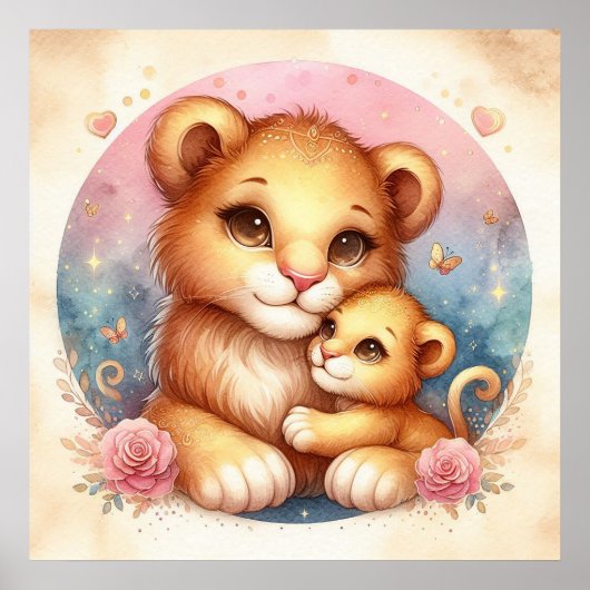 Poster Maman et bébé lion (Devant)