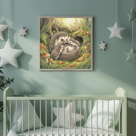 Poster Maman Hérisson et sa Crèche de Bébés